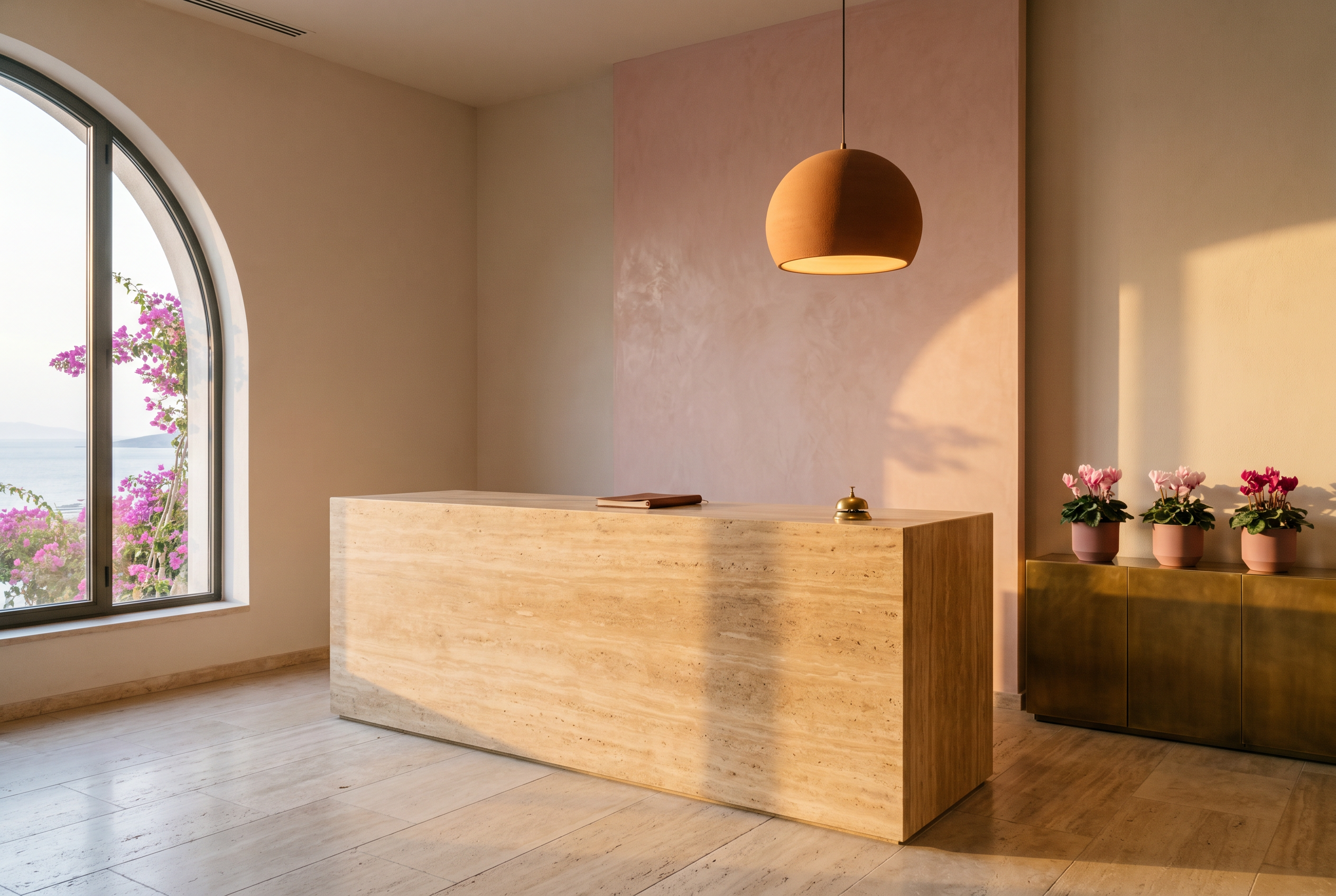 Bodrum butik otel resepsiyonunda yumuşak pembe stukko duvarı